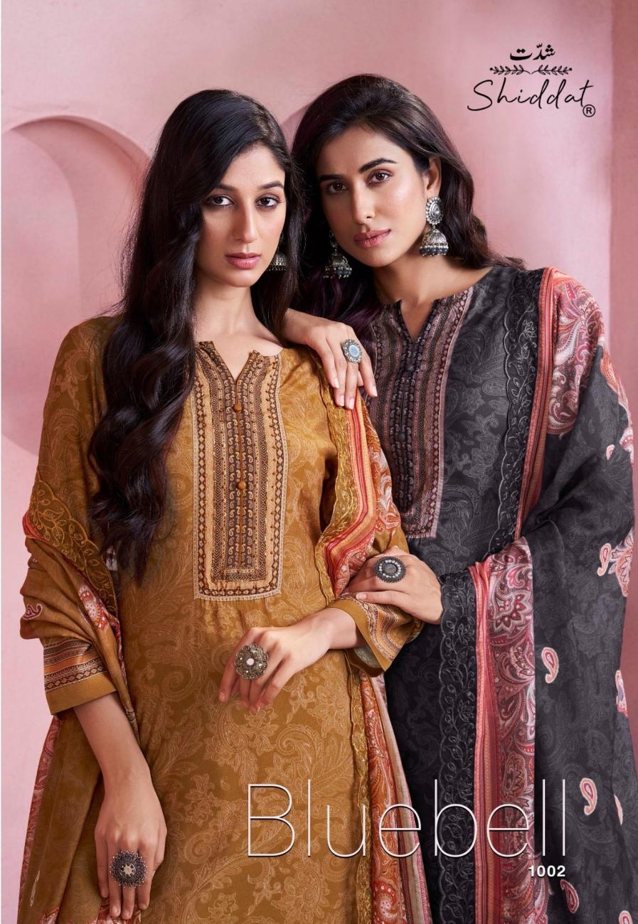 shiddat launch bluebell 1002 series 1002 A to 1002 D pretty look muslin salwar kameez in wholesale surat
