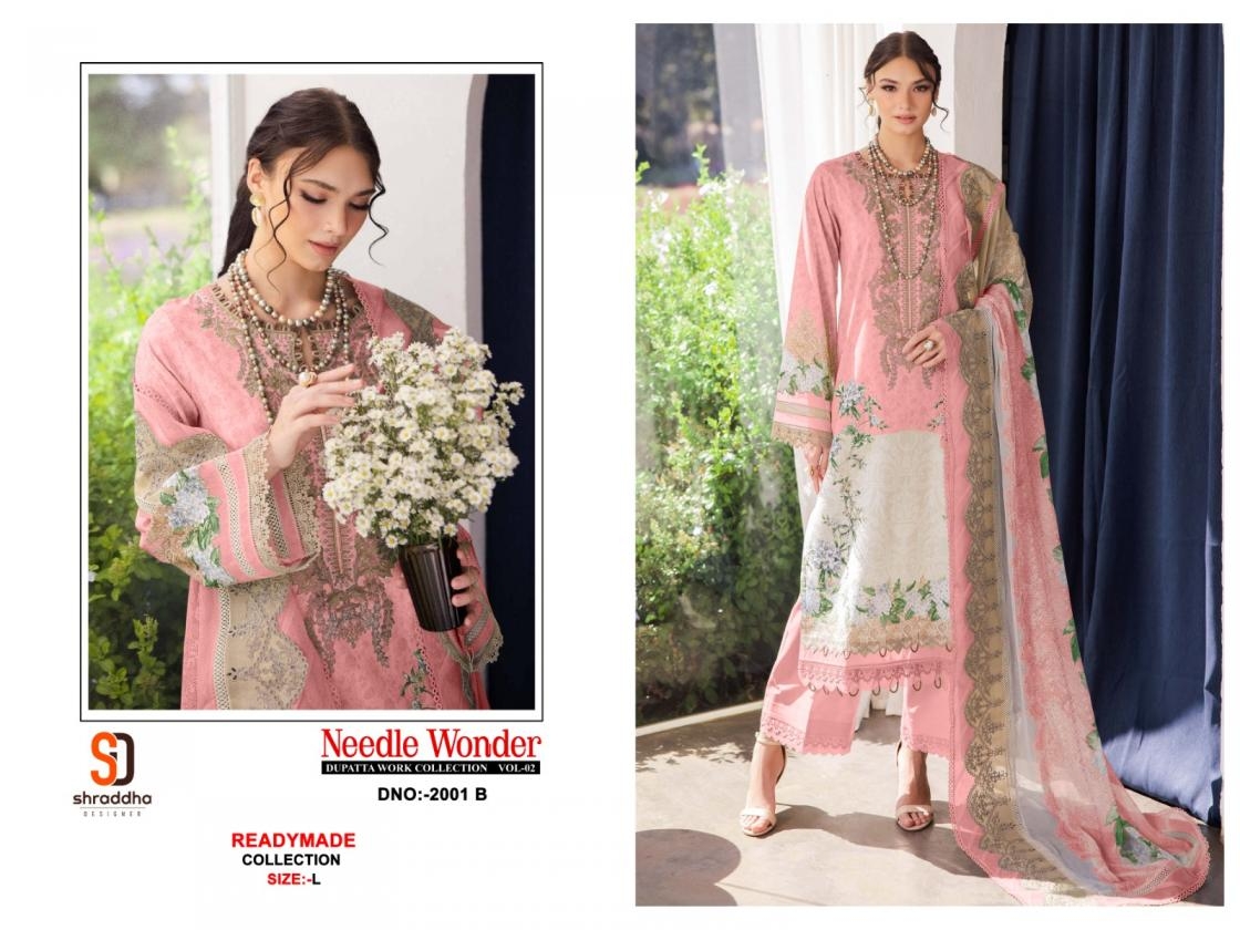 shraddha designer needle wonder vol 2 series 2001 A to 2002 B readymade cotton pakistani suit in wholesale surat