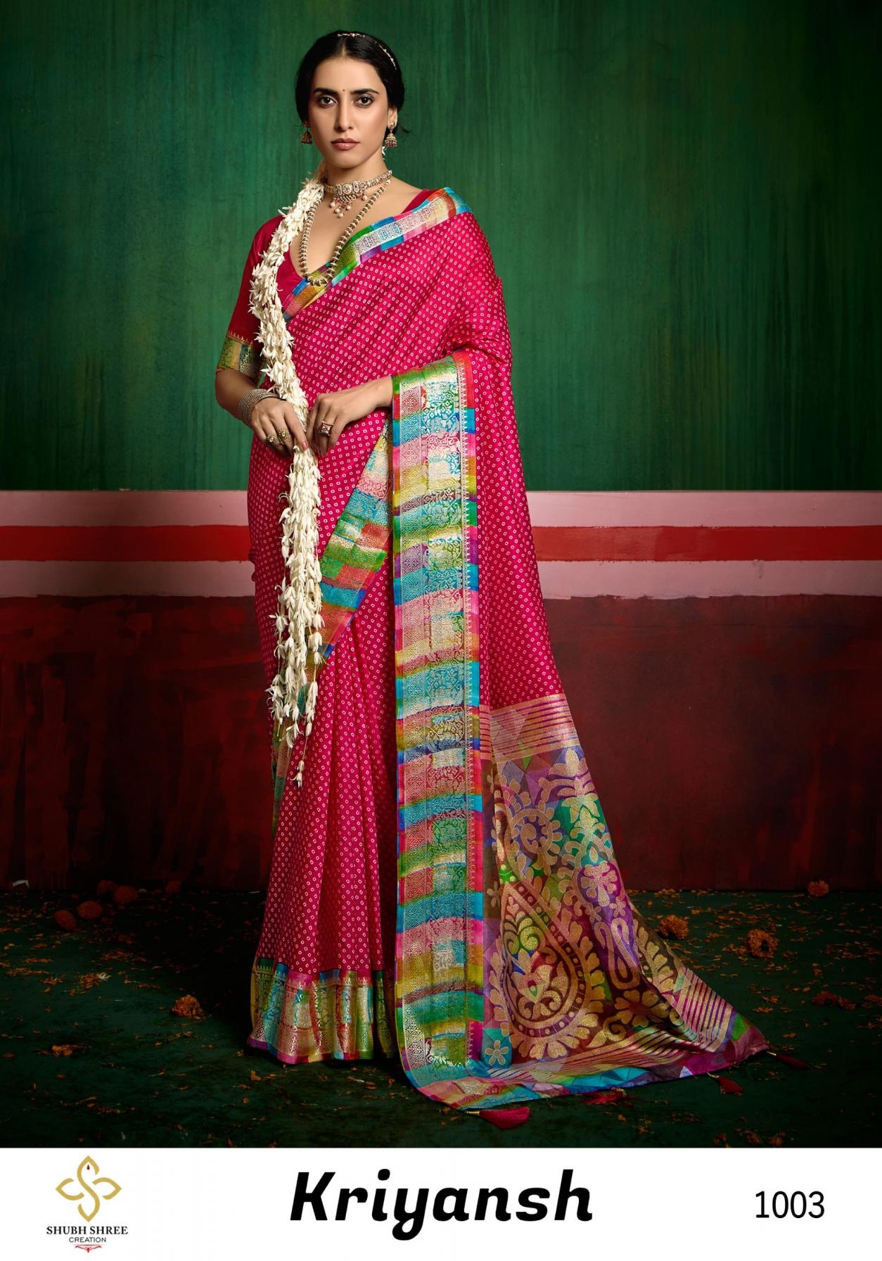 shubh shree kriyansh creation series 1001 to 1008 velvet tussar silk bandhej saree in wholesale surat