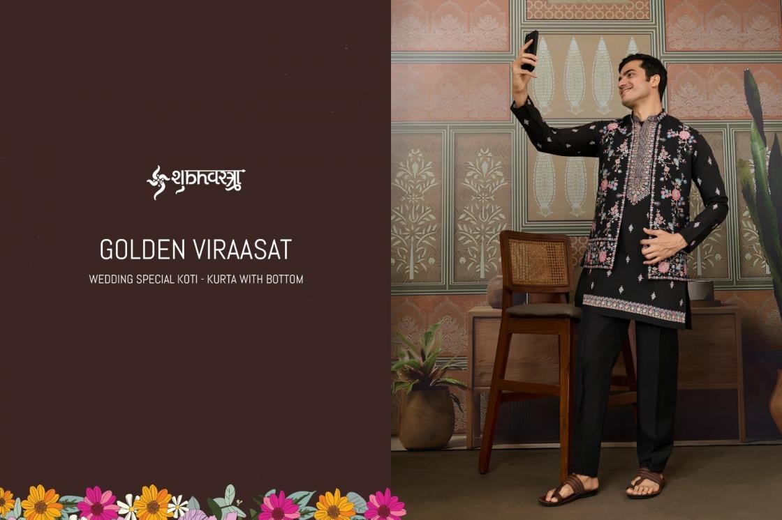 shubhvastra golden viraasat series 61541 to 61546 readymade viscose silk stylish mens kurta pant with koti in wholesale surat