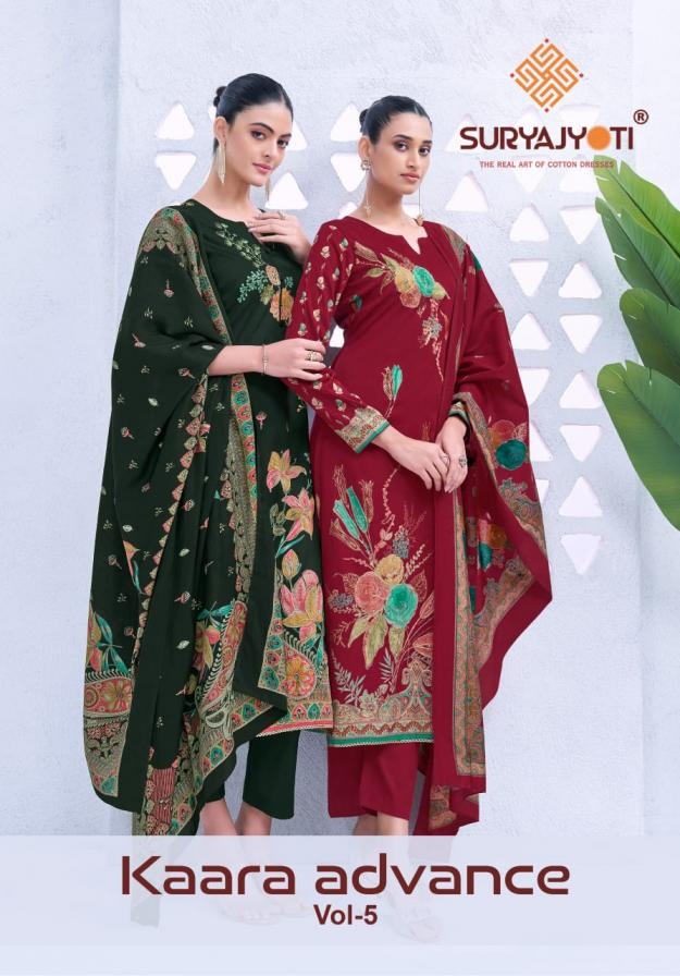 suryajyoti kaara advance vol 5 series 5001 to 5006 jam satin stylish suit in wholesale surat