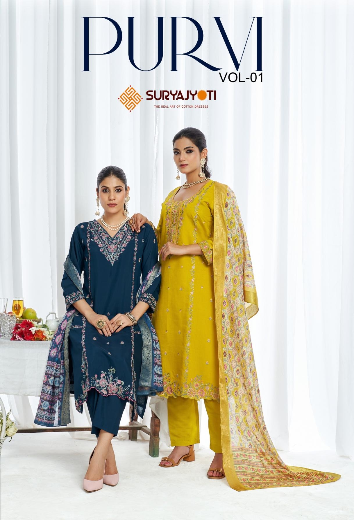 suryajyoti purvi vol 1 series 1001 to 1006 roman modal silk readymade suit in wholesale surat