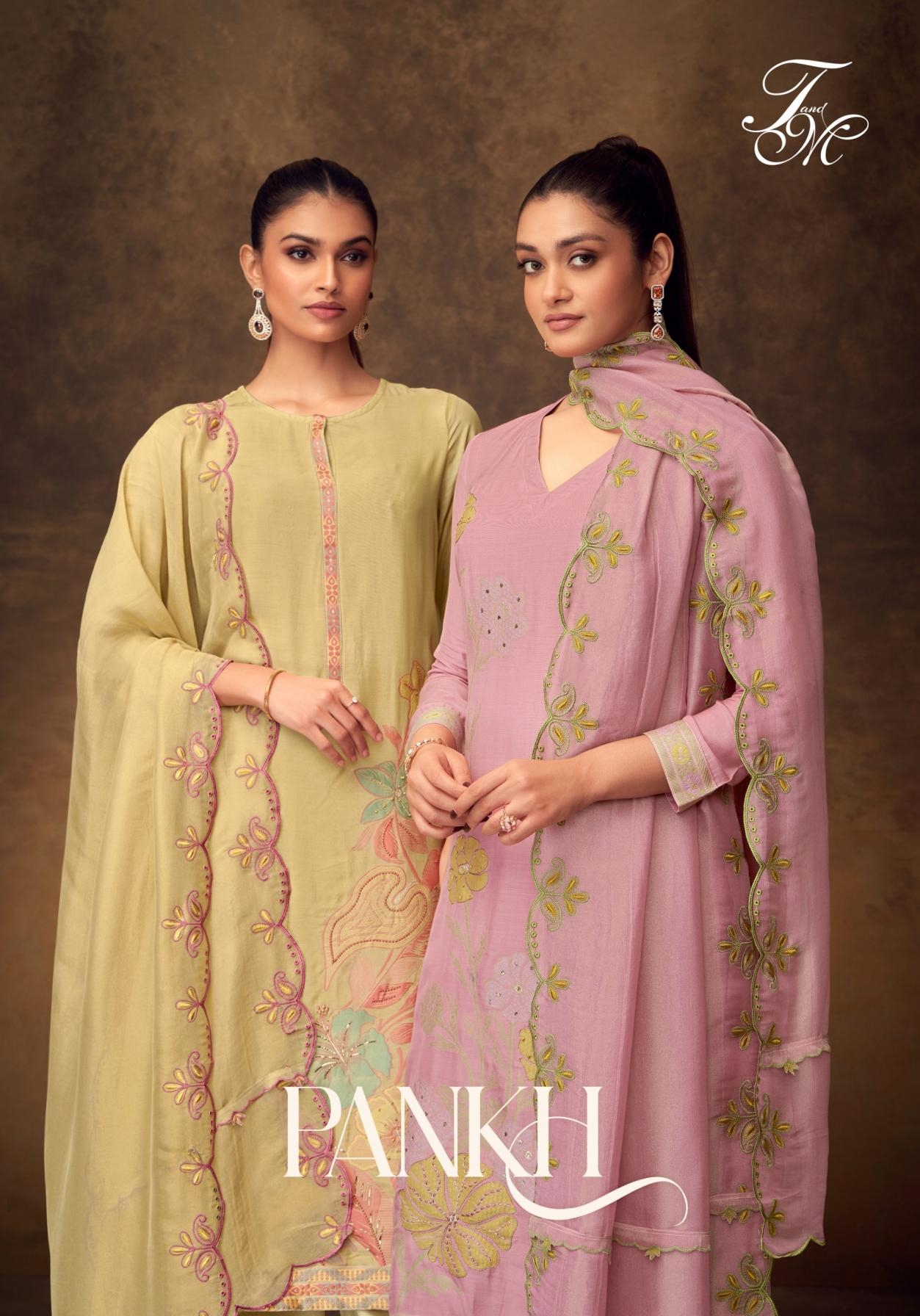 t&m pankh series 7556 to 7542 muslin fancy jacquard hit design salwar kameez in wholesale surat