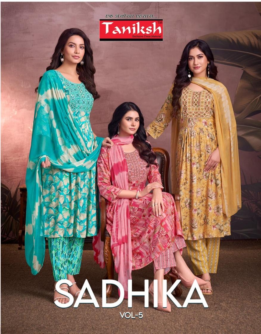 taniksh sadhika vol 5 series 5001 to 5008 rayon readymade salwar kameez in wholesale surat