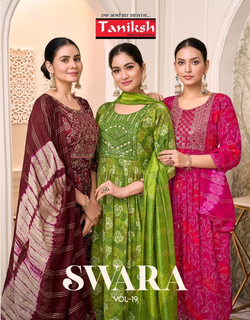 taniksh swara vol 19 series 1901 to 1908 capsule rayon nyra cut readymade salwafr kameez in wholesale surat