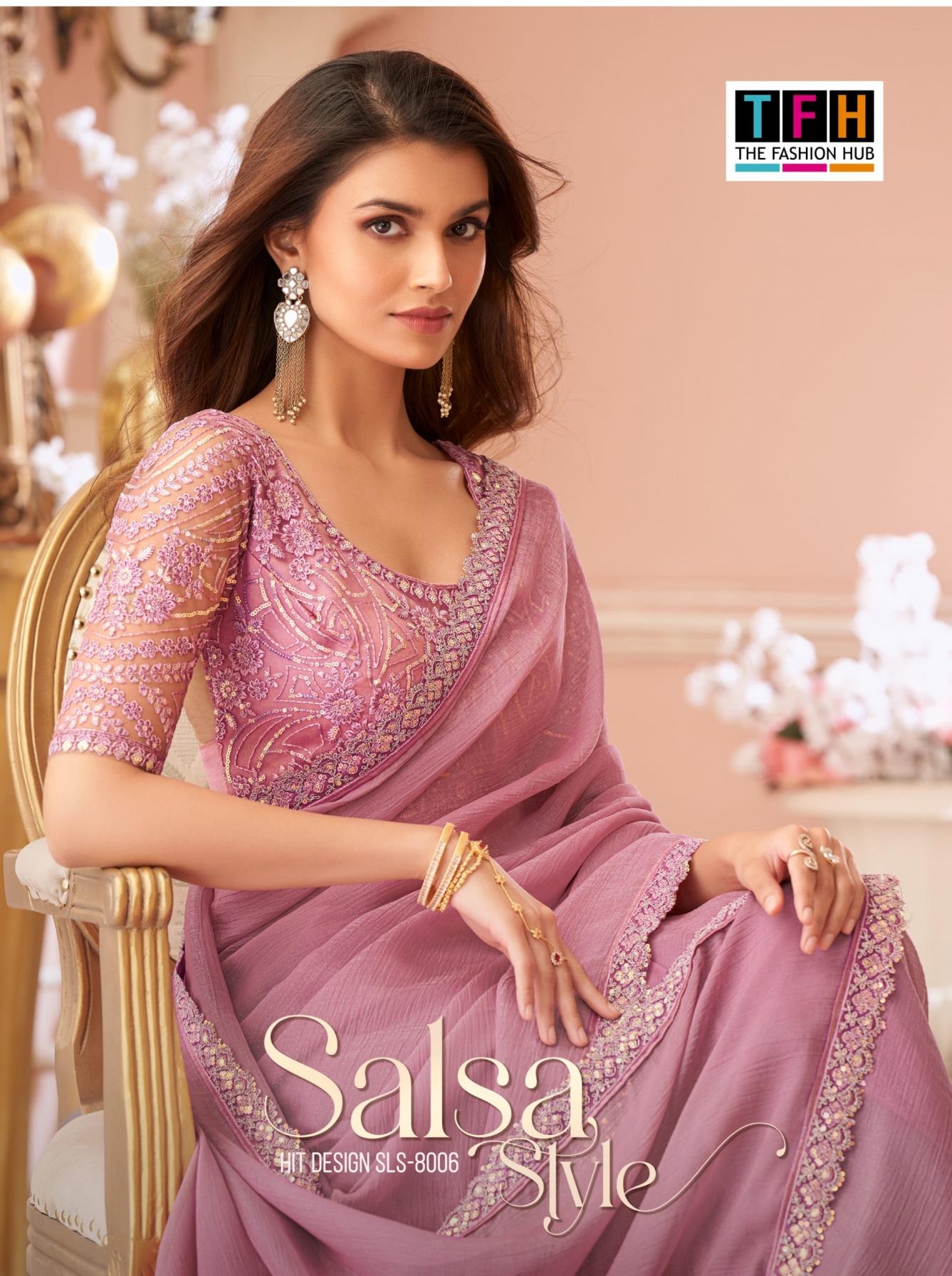 tfh salsa style 8006 A to F crystal georgette party wear saree in wholesale surat