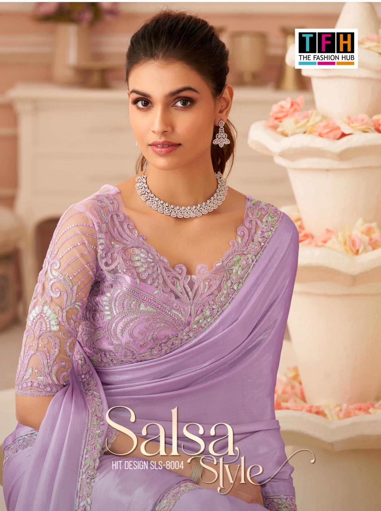 tfh salsa style series 8004-A TO 8004-F chiffon shimmer festival wear saree in wholesale surat