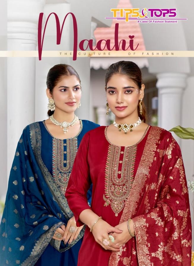 tips & tops maahi series 101 to 106 viscose roman silk readymade plus size ladies suits in wholesale surat