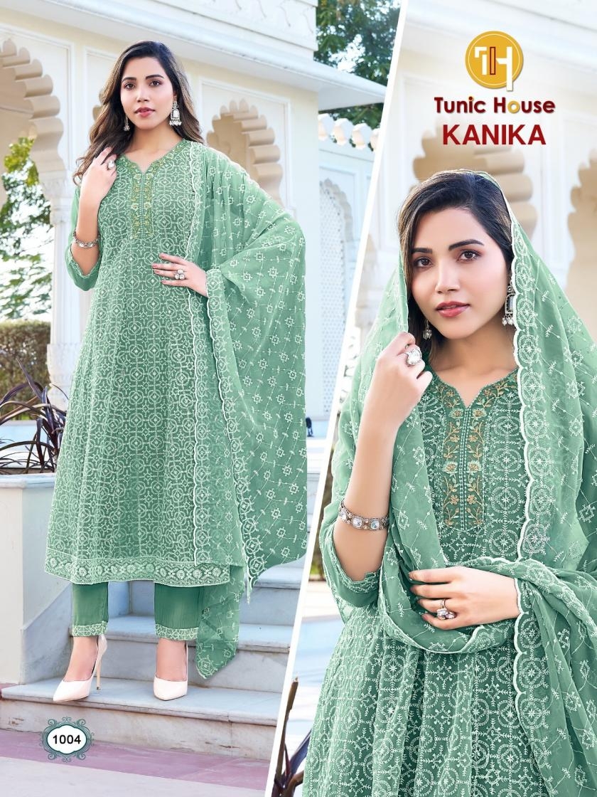 TUNIC HOUSE KANIKA SERIES 1001 TO 1012 ANARKALI CHIKAN WORK KURTI SET COMBO SET IN WHOLESALE SURAT