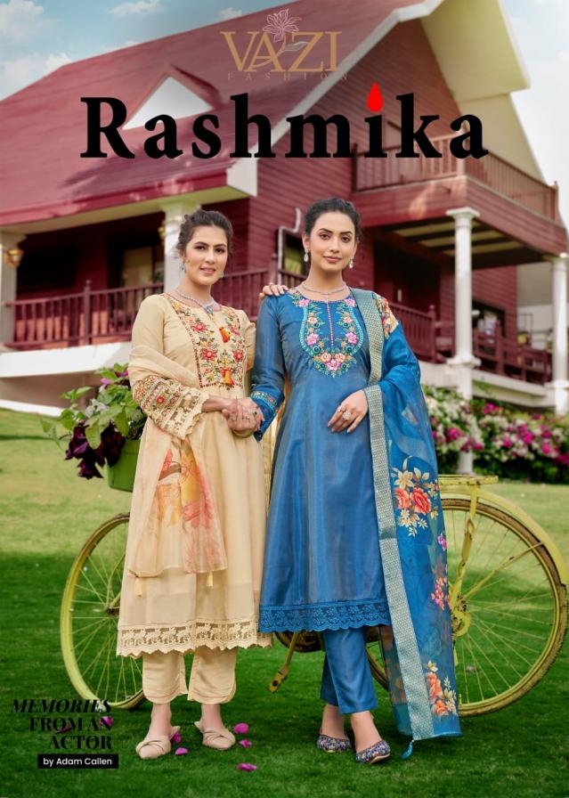 vazi fashion rashmika series 1001 to 1004 viscose tissue shimmer readymade stylish suit in wholesale surat