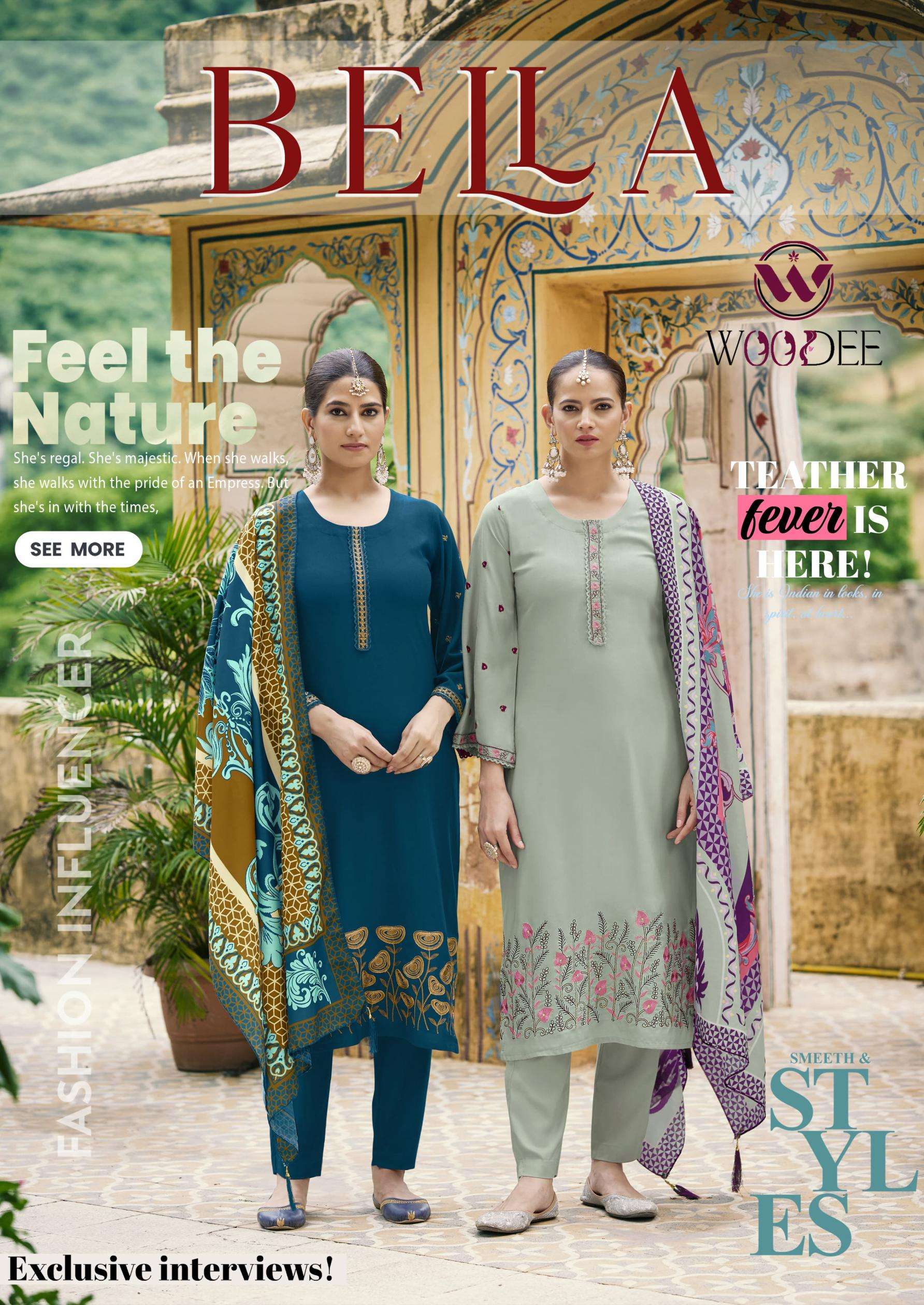 woodee bella series 1001 to 1006 rayon readymade trendy salwar kameez in wholesale surat
