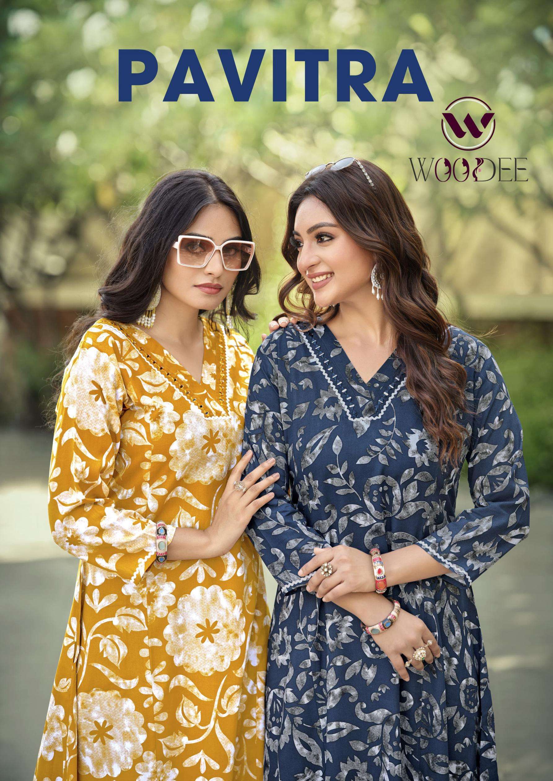 woodee pavitra series 1001 to 1006 rayon readymade classic a-line co-ord set in wholesale surat