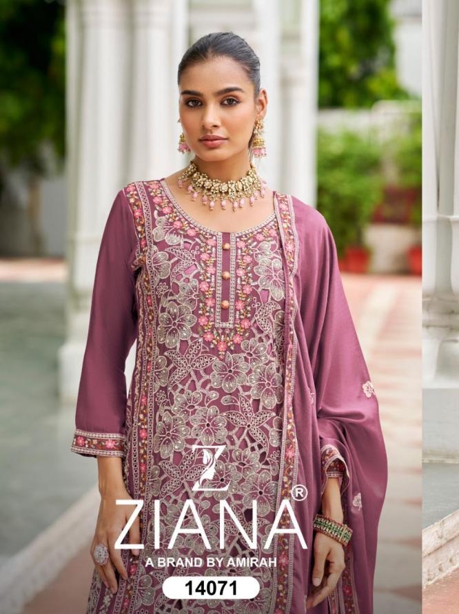 ziana 14071 A to D chinon silk readymade pakistani party wear plazzo suit in wholeslae surat