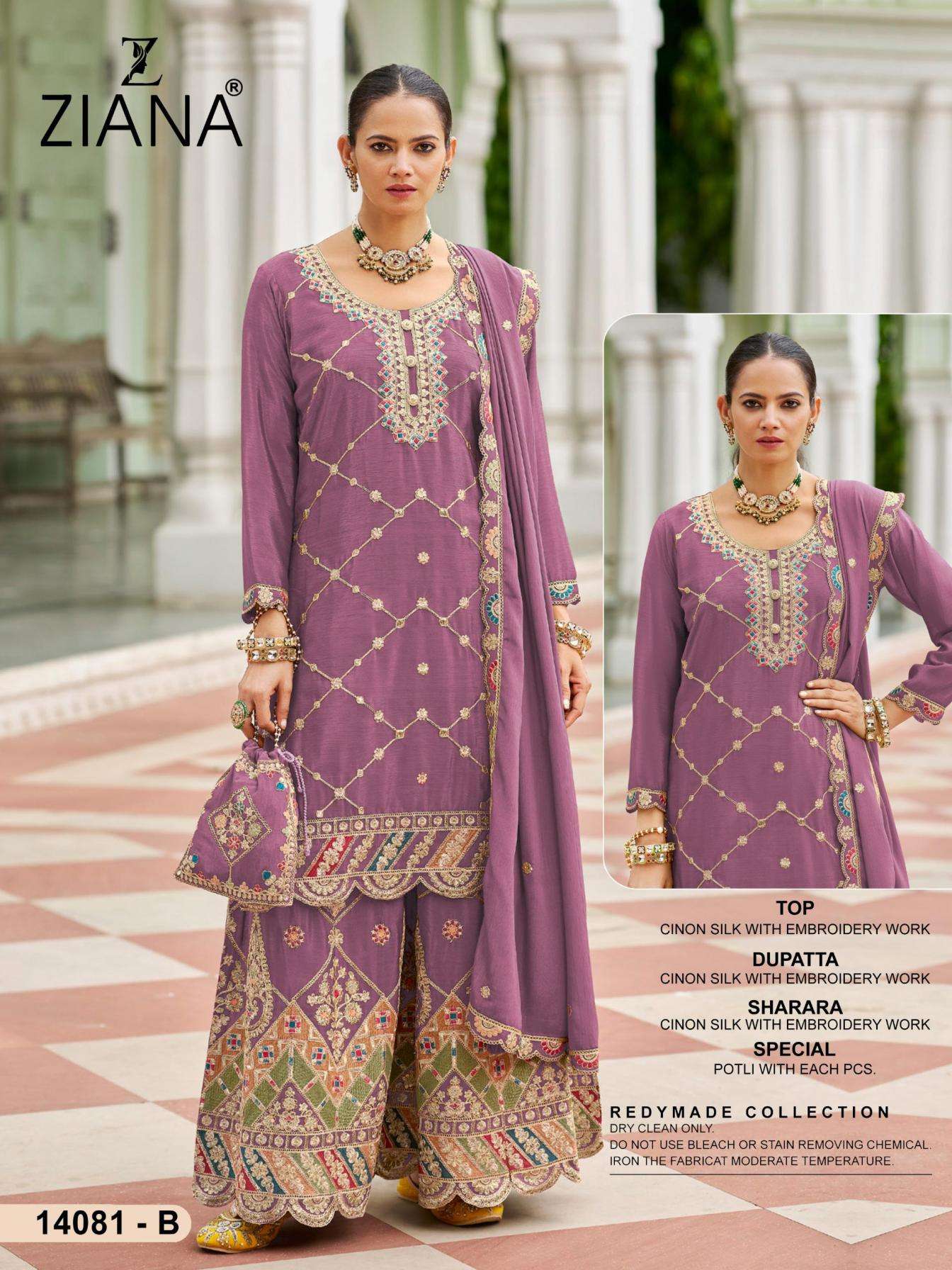 ziana 14081 A to D exclusive readymade chinon silk pakistani plazzo suit in wholesale surat