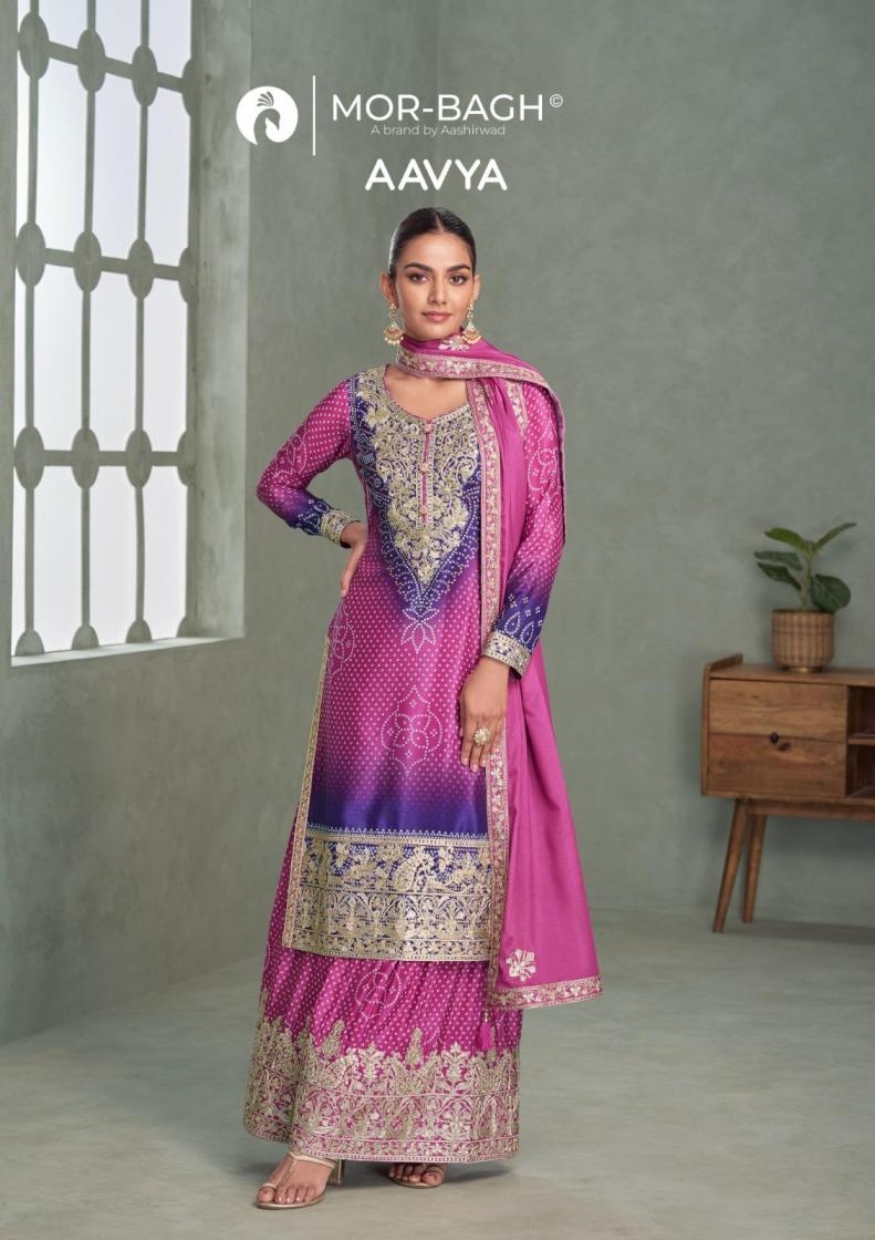 aashirwad mor bagh aavya series 10292 to 10296 readymade exclusive chinon silk plazzo suit in wholesale surat
