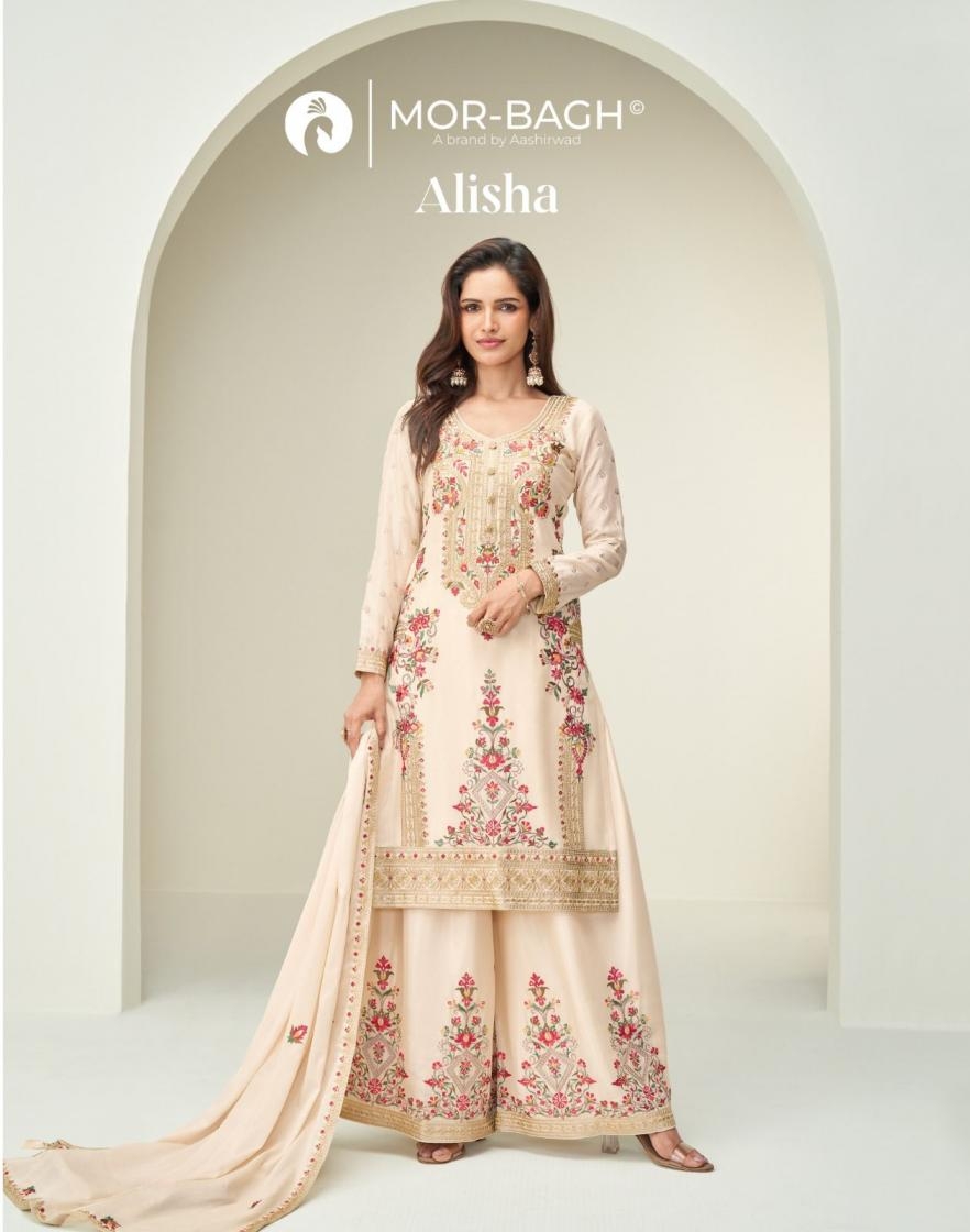 aashirwad mor bagh alisha series 10385 to 10386 chinon silk full stitch designer kurti plazzo dupatta in wholesale surat