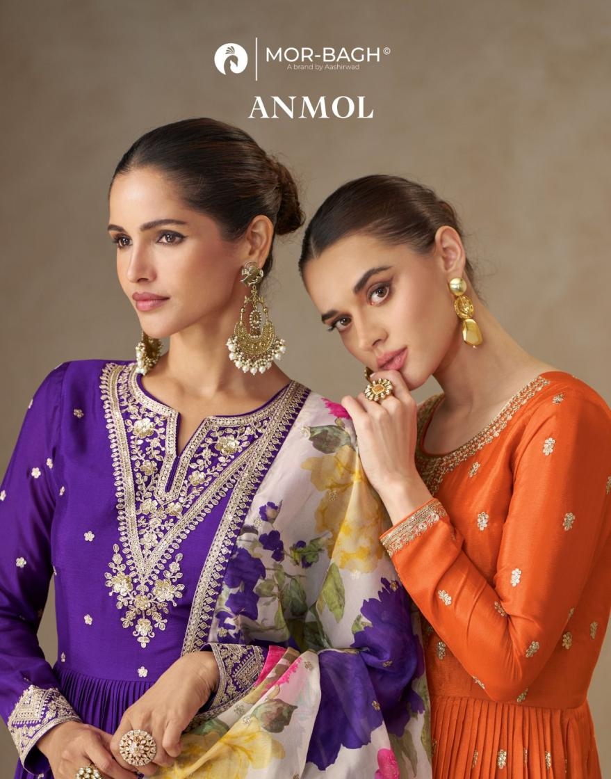 aashirwad mor bagh anmol series 10350 to 10352 chinon silk readymade party wear gown with dupatta in wholesale surat