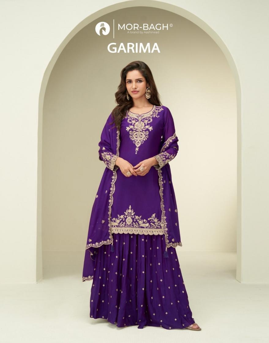 aashirwad mor bagh garima series 10368 to 10370 occasion wear chinon silk readymade plazzo suits in wholesale surat