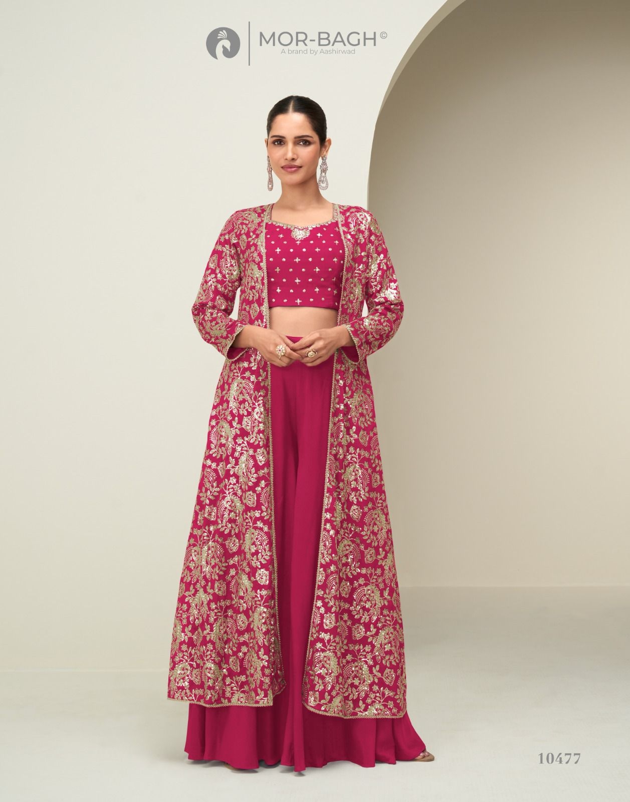 Aashirwad Mor Bagh Gunjan series 10475 to 10478 Chinon Silk Indo Western suit in wholesale surat