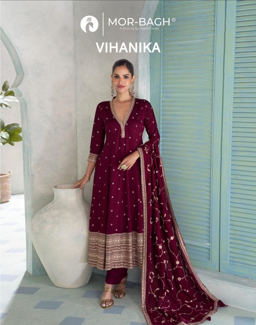 aashirwad mor bagh vihanika series 10444 to 10446 traditional silk full stitch gown style suit in wholesale surat