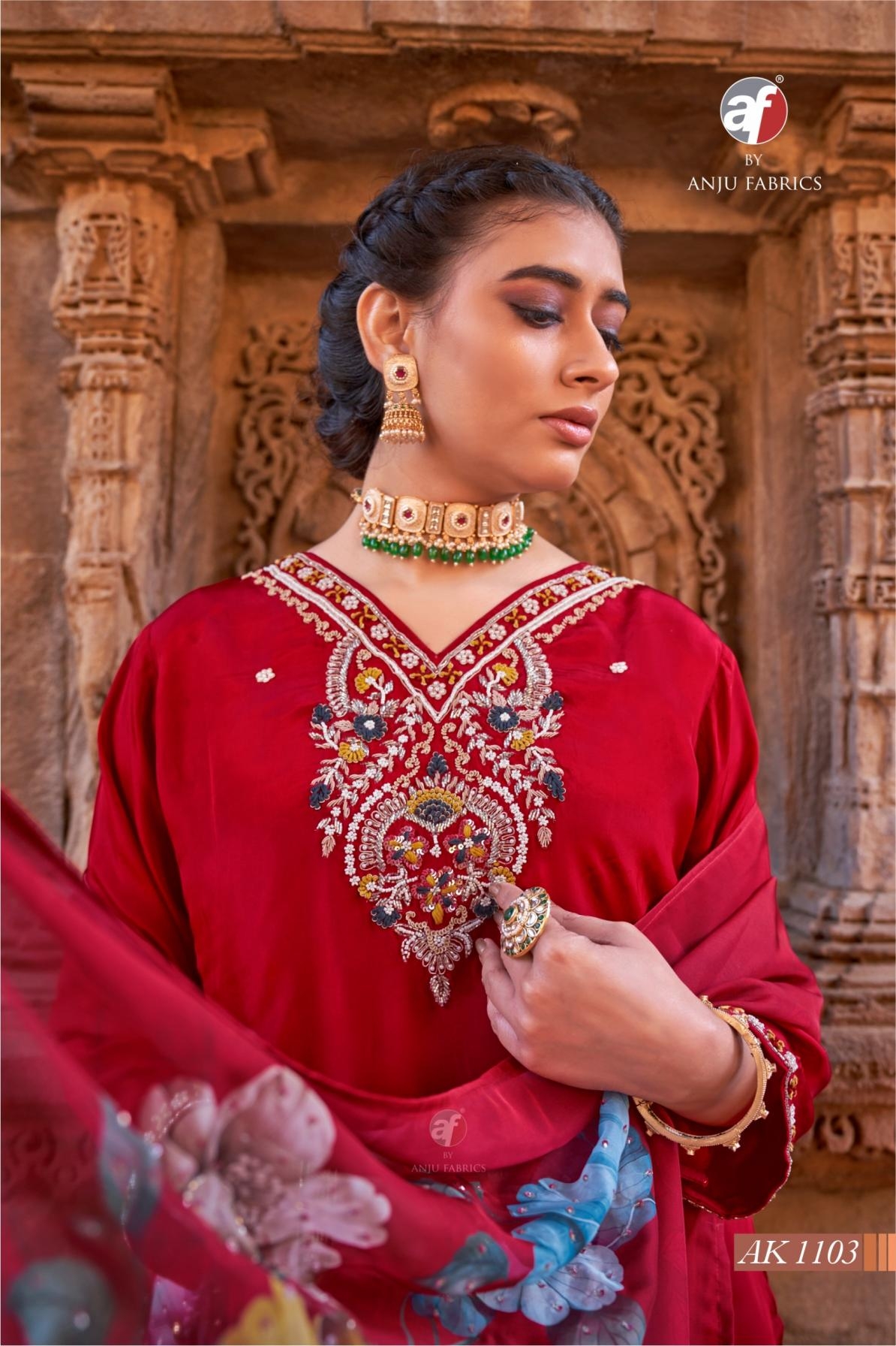 anju fab ak 1103 natural crepe readymade festive combo suit in wholesale surat