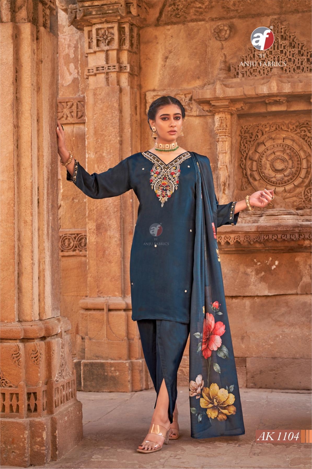 anju fab ak 1104 natural crepe readymade attractive tulip pant style combo suit in wholesale surat