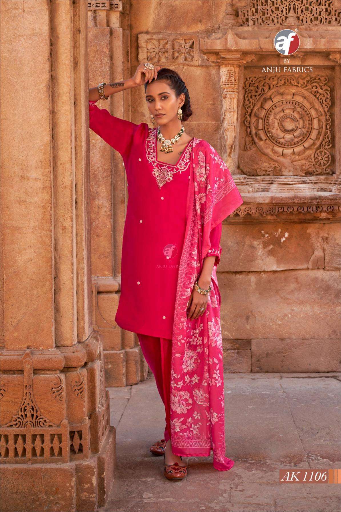 anju fab ak 1106 natural crepe readymade party wear combo suits in wholesale surat