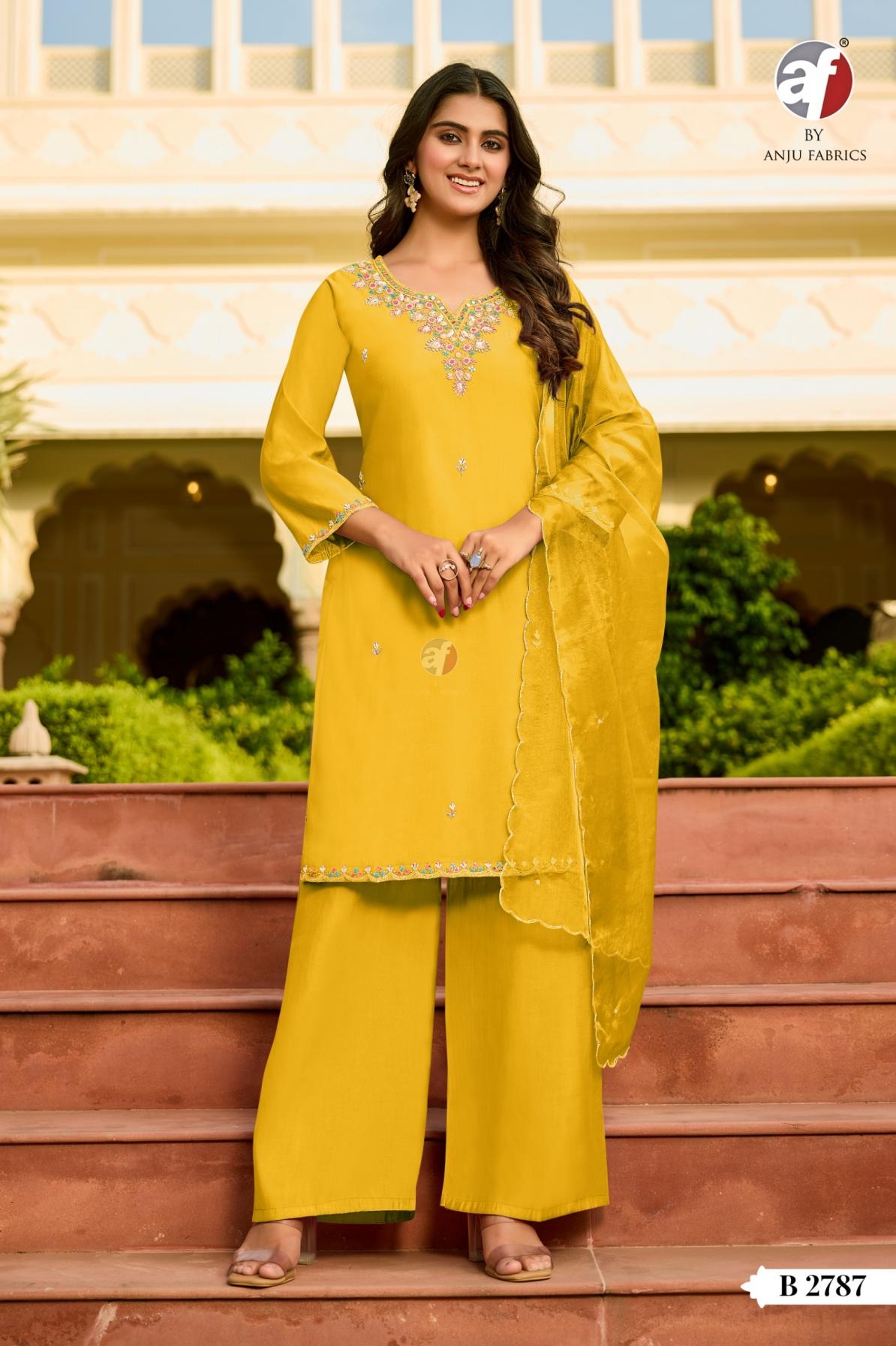 anju fab b 2787 full stitch modal silk combo short kurti with wide pant & dupatta in wholesale surat