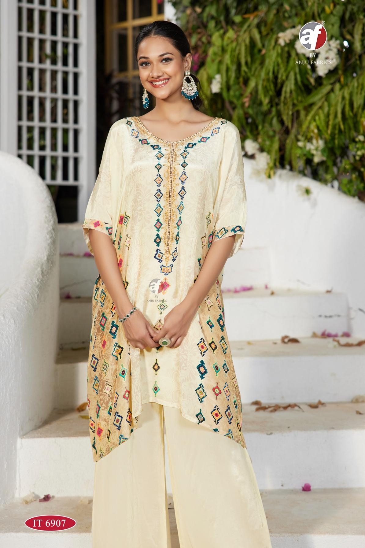 anju fab it 6906-6907 readymade classic natural crepe combo kaftan with plazzo in wholesale surat