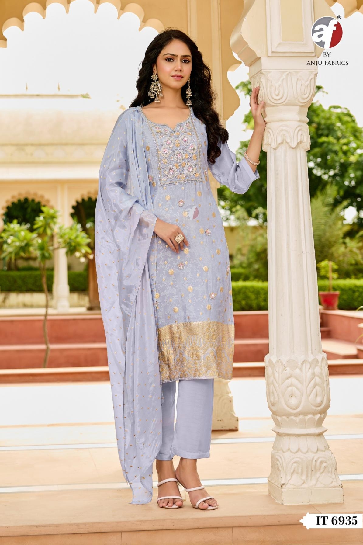 anju fab it 6935 tissue shimmer jacquard readymade combo suit in wholesale surat