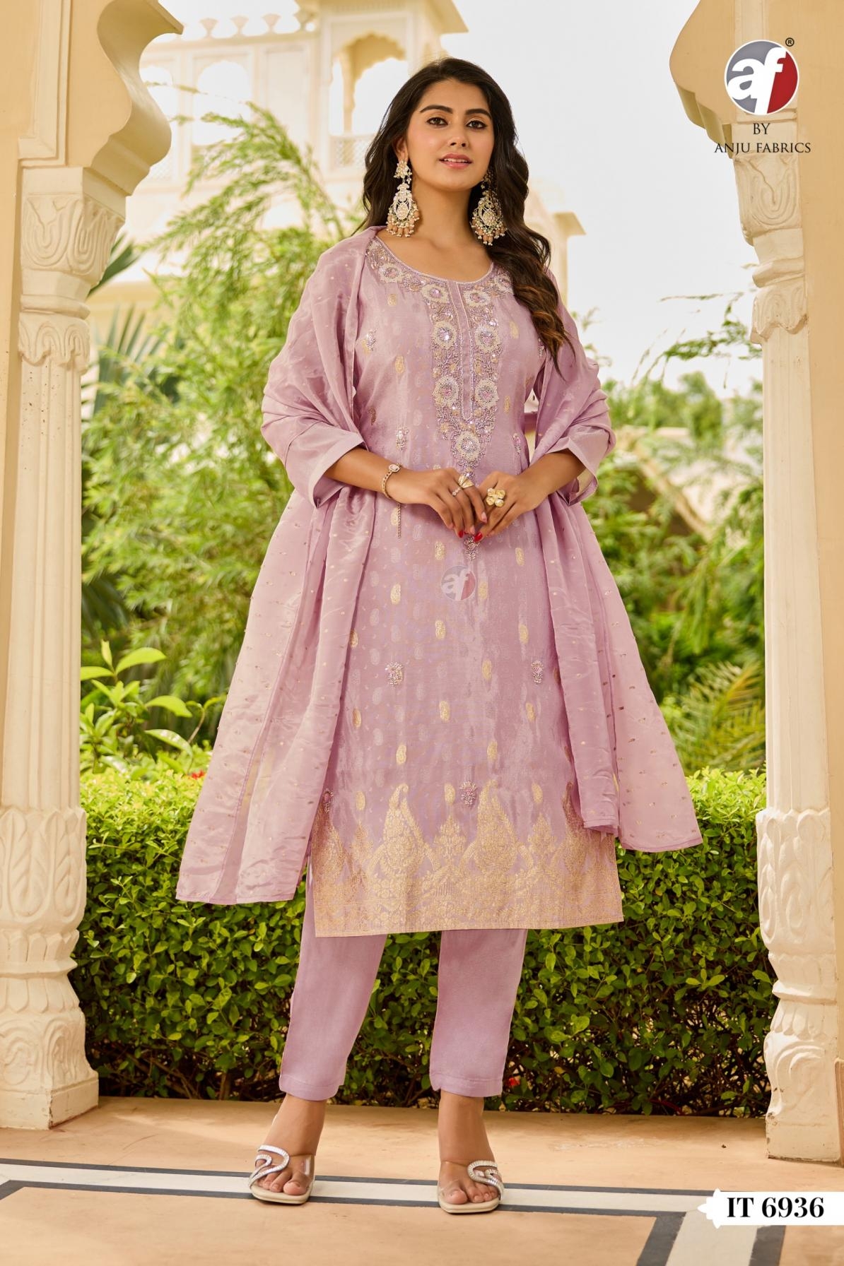 anju fab it 6936 tissue shimmer jacquard readymade combo suit in wholesale surat