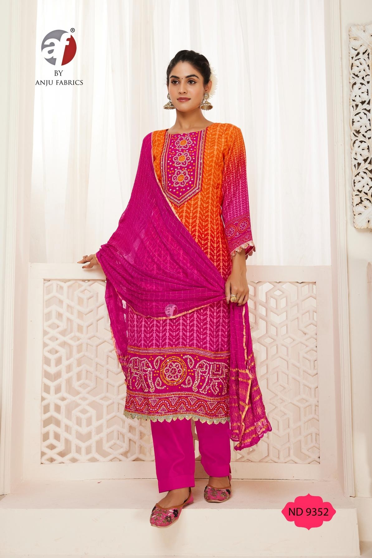 anju fab nd 9352 readymade traditional viscose blaze shimmer combo suits in wholesale surat