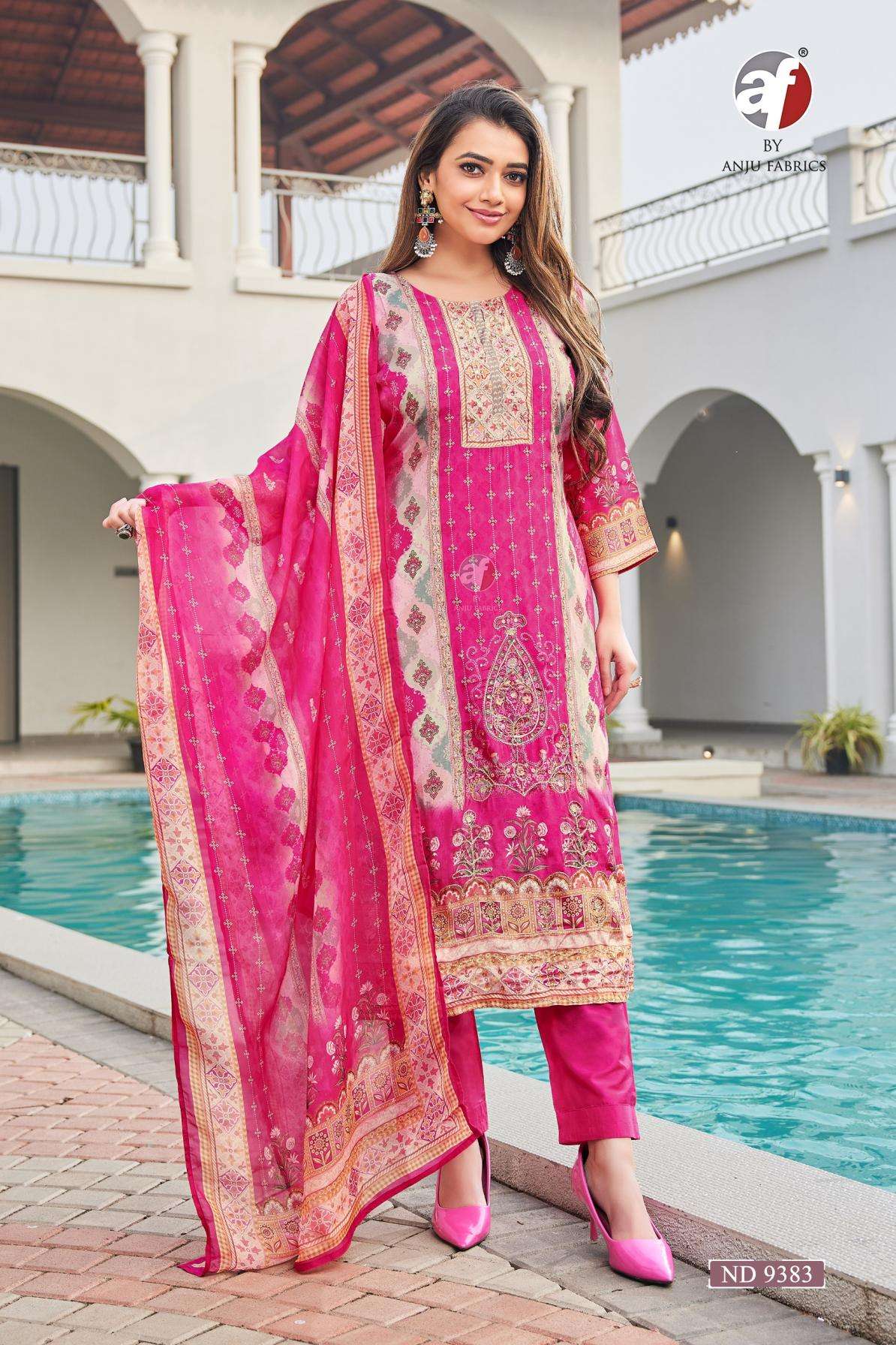 anju fab nd 9383 viscose silk readymade stylish combo suit in wholesale surat