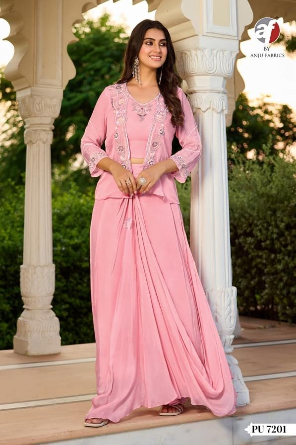anju fab pu 7201 chinon chiffon readymade combo crop top drape skirt with jacket in wholesale surat