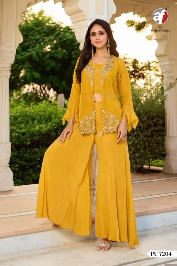 anju fab pu 7204 readymade chinon chiffon combo crop top divider with jacket in wholesale surat