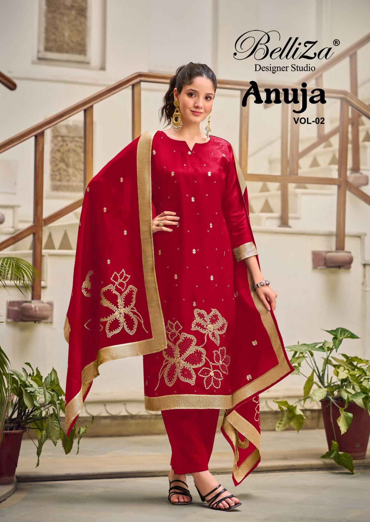 belliza designer anuja vol 2 series 886001 to 886006 readymade big size viscose dola silk jacquard suit in wholesale surat