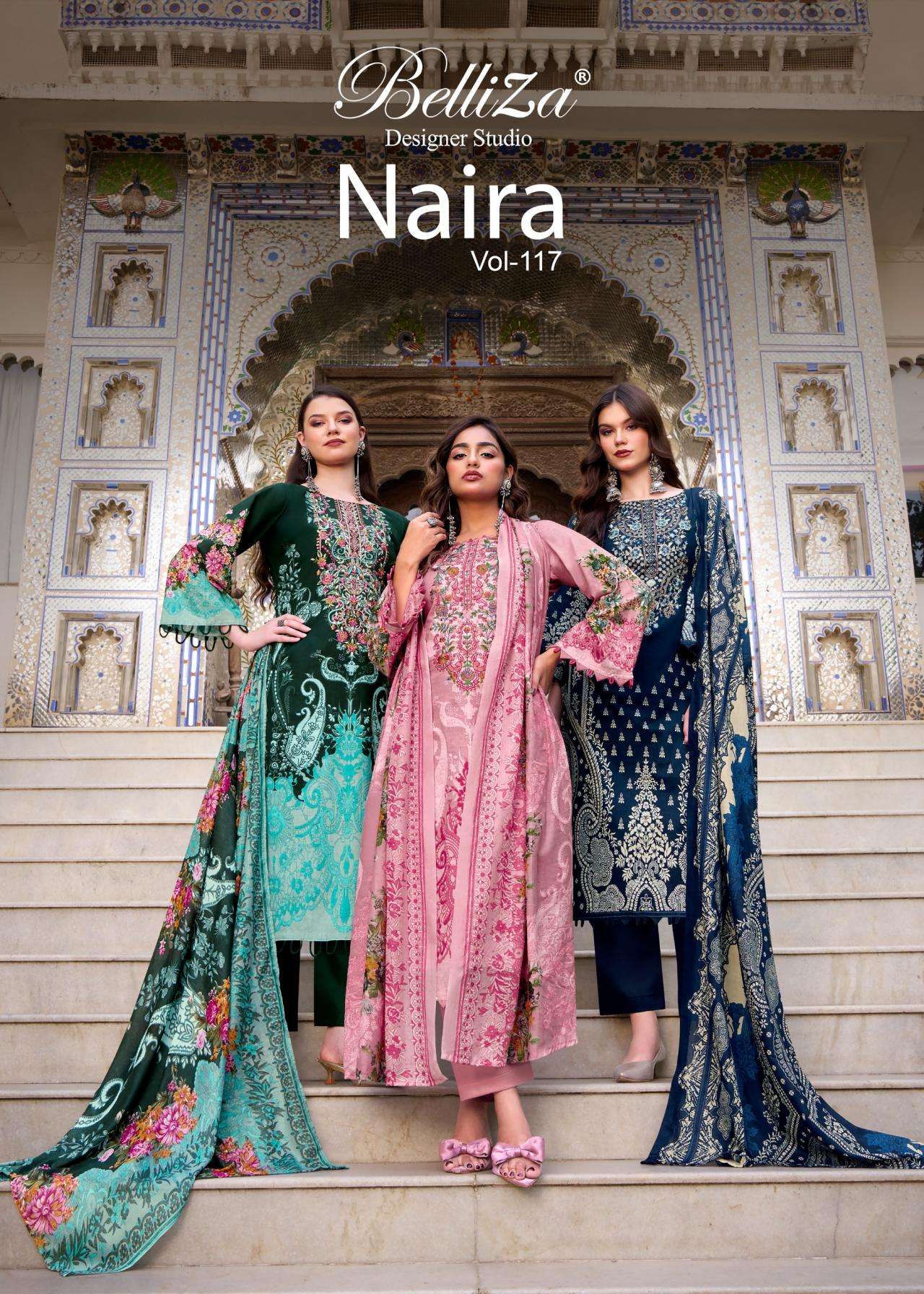 belliza designer naira vol 117 series 900001 to 900008 cotton pretty look readymade plus size pakistani suit in wholesale surat
