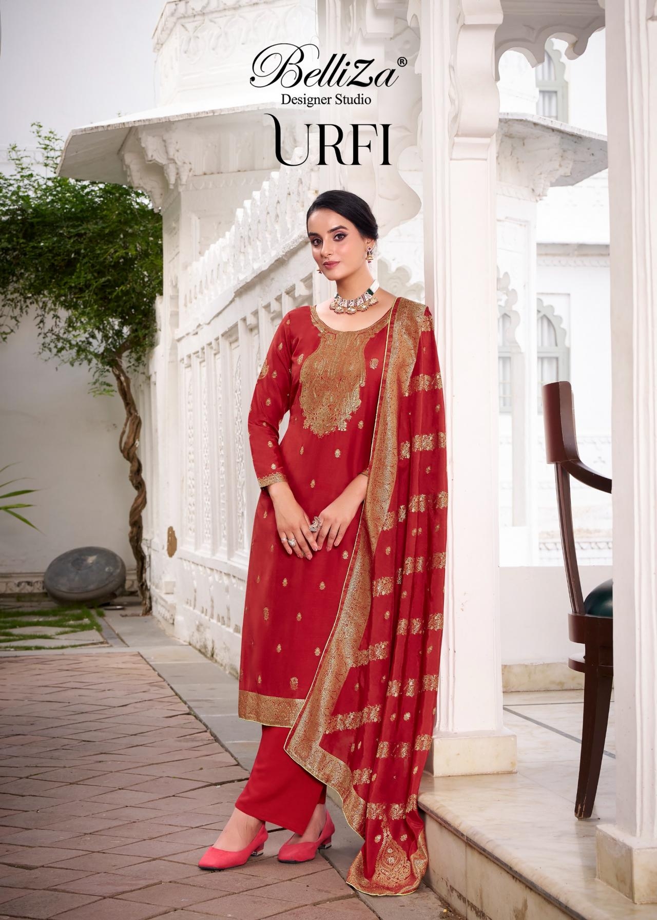 belliza designer urfi series 892001 to 892006 viscose dola silk jacquard readymade plus size suit in wholesale surat