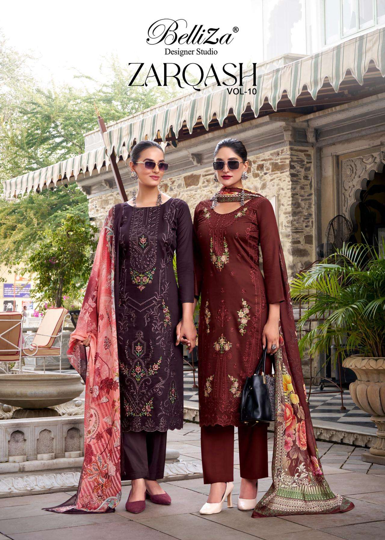 belliza designer zarqash vol 10 series 891001 to 891006 jam satin fabric readymade suit in wholesale surat
