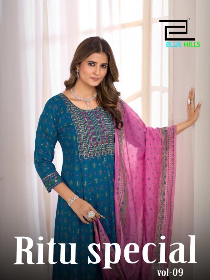 blue hills ritu special vol 9 series 9001 to 9006 rayon anarkali style readymade big size gown with dupatta in wholesale surat