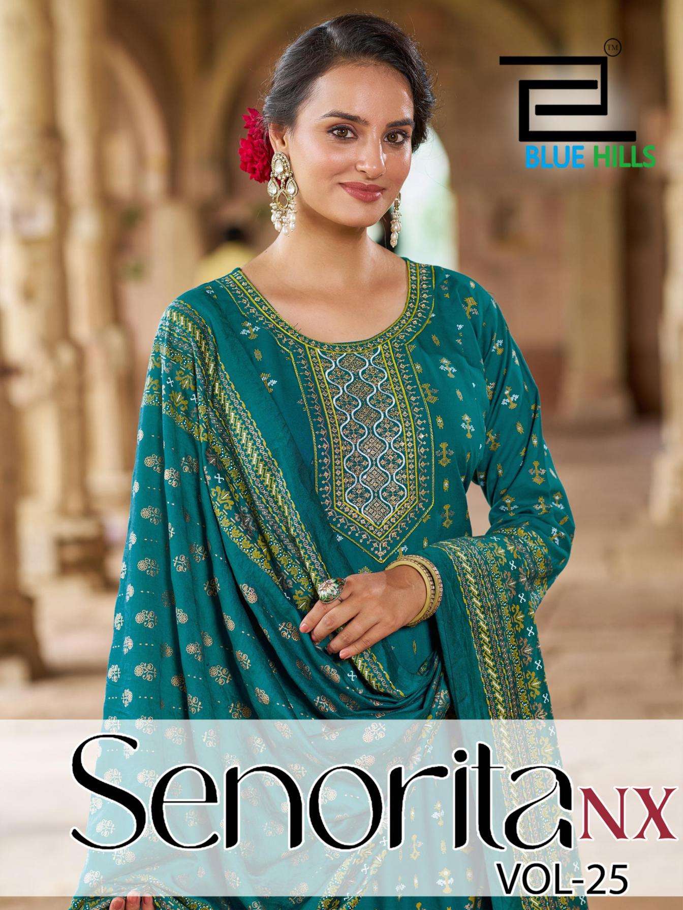 blue hills senorita nx 25 series 25001 to 25003 rayon readymade stylish big size anarkali combo suit in wholesale surat