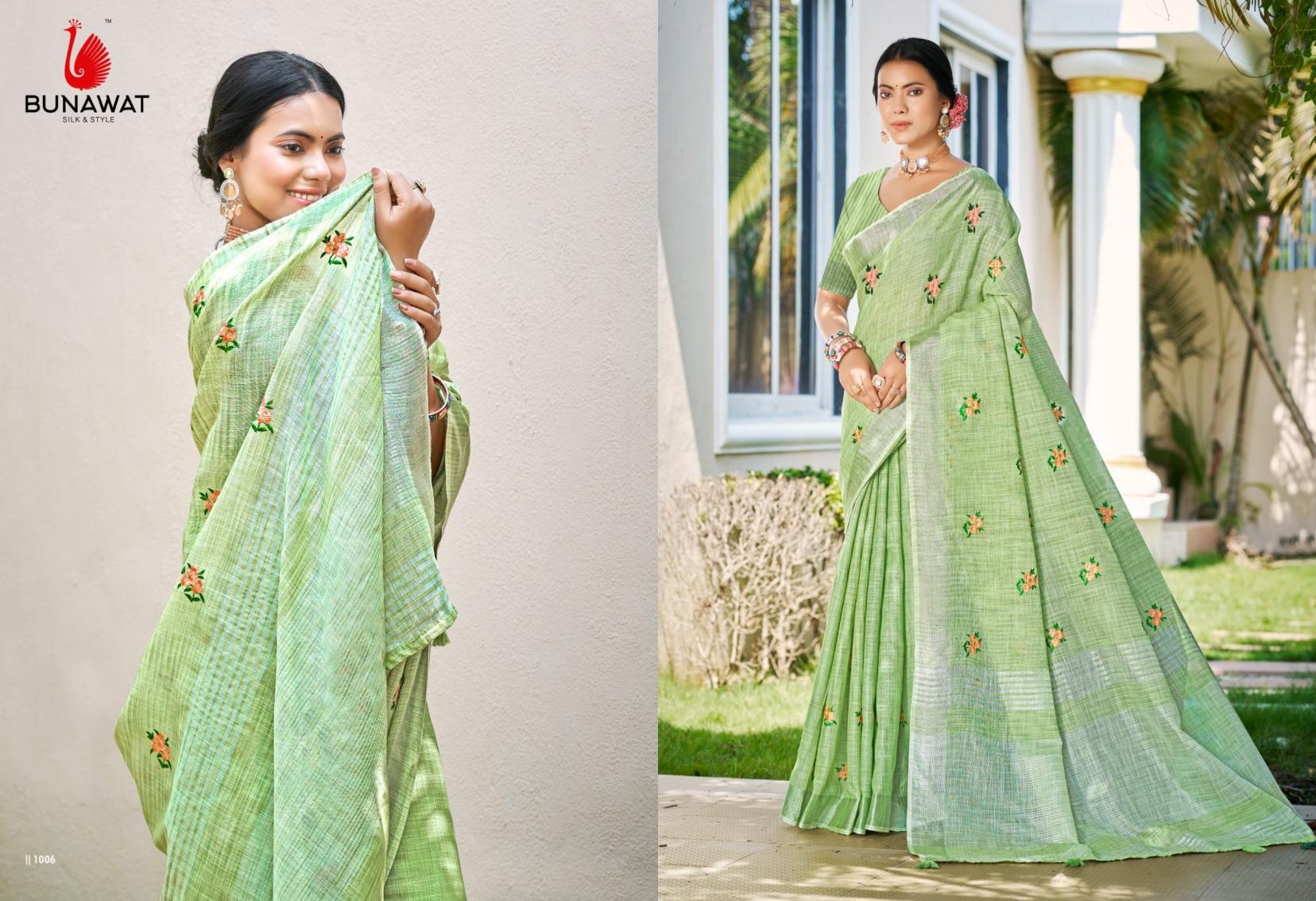 Bunawat Feeling series 1001 to 1006 Sangam Prints Linen Woven Work Traditional Saree in wholesale surat