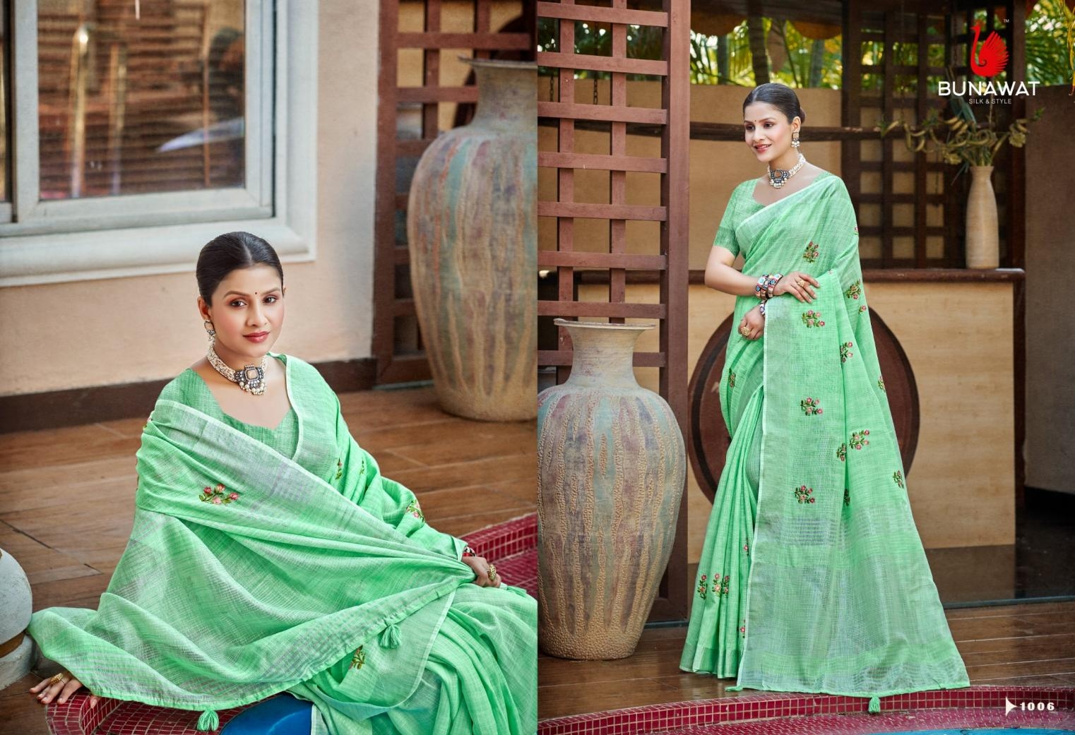 Bunawat Galaxy series 1001 to 1006 Sangam Prints Linen Woven Work Traditional Saree in wholesale surat