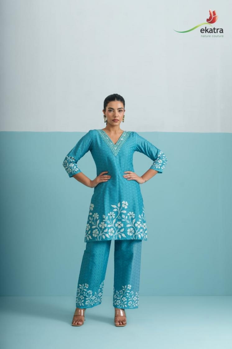 ekatra hakoba embroidery work readymade stylish co-ord sets in wholesale surat