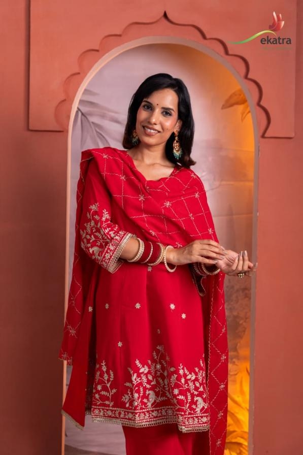 ekatra viscose silk anarkali readymade karwa special combo plazzo suits in wholesale surat