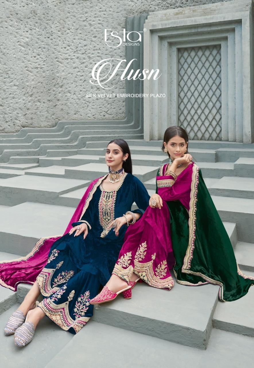 esta designs husn series 101 to 106 attractive look silk velvet winter salwar kameez in wholesale surat