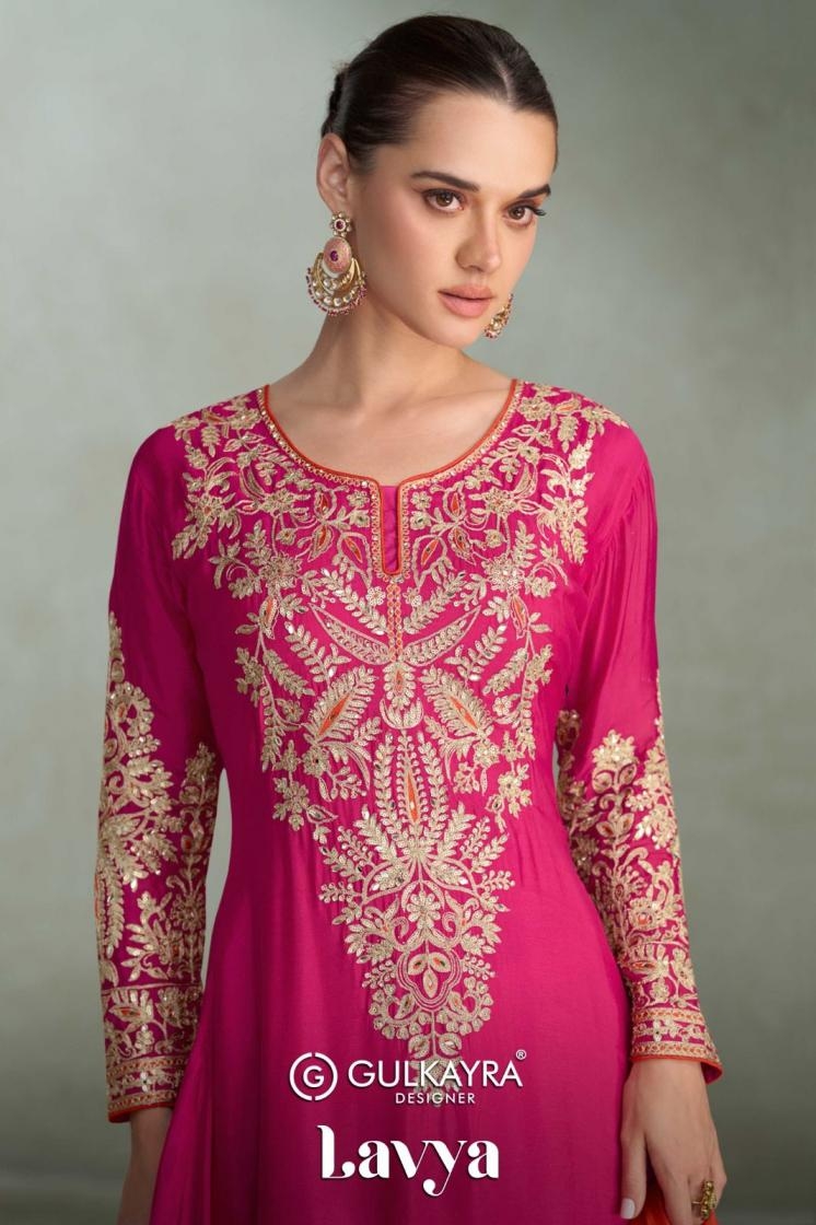 gulkayra designer lavya series 7617A to 7617D party wear chinon readymade plazzo suits in wholesale surat