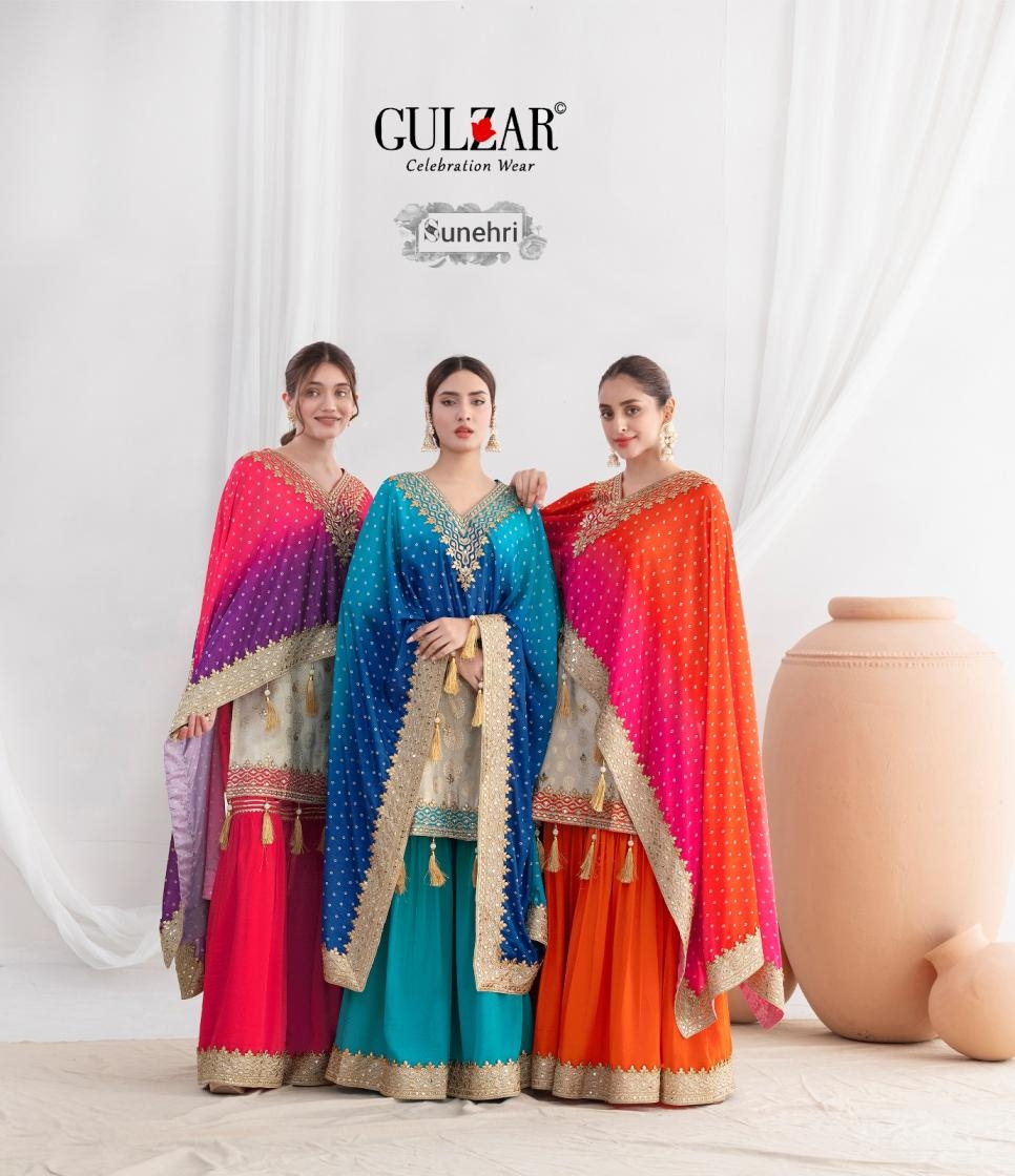 gulzar sunehri series 3031 to 3033 viscose simmer jacquard readymade skirt kurti with dupatta in wholesale surat