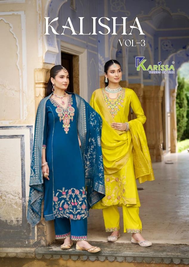 karissa kalisha vol 3 series 3001 to 3004 readymade viscose roman silk modern salwar kameez in wholesale surat