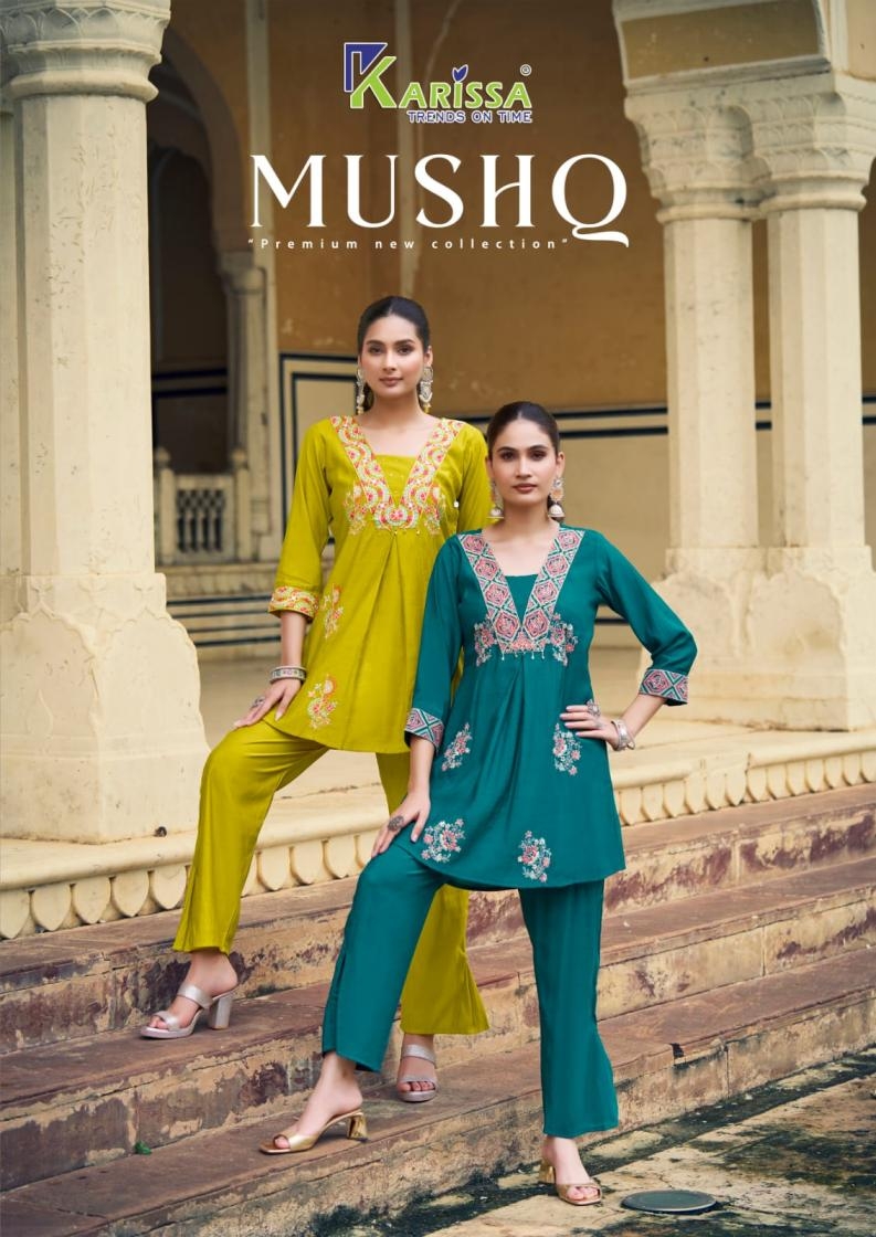 karissa mushq series 1001 to 1004 viscose roman readymade fashionable co-ord sets in wholesale surat
